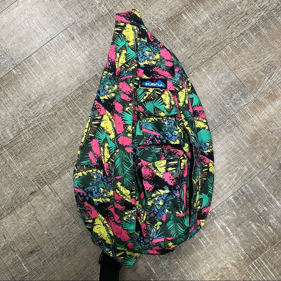 Kavu Handbags - HTF Kavu Rope Sling Bag Backpack Purse Neon Tropical Print